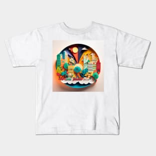 3D Effect Papercut Art - Cityscape Scene Kids T-Shirt